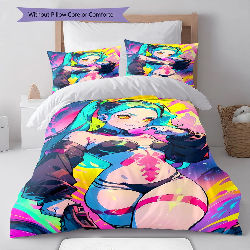 Cyberpunk Edgerunner Muster Bettwäsche, Steppbett Set Bettbezug Kissenbezug Zuhause Geburtstagsgeschenk (1 Bettbezug + 2 Kissenbezüge, ohne Füllung)