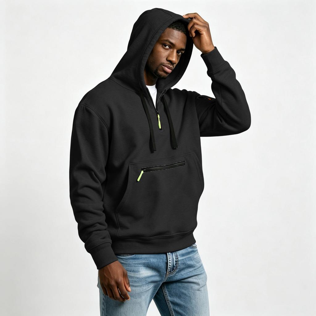 Men's Half Zip Hoodie with Decorative Pockets for Outdoor Sports and Casual Wear