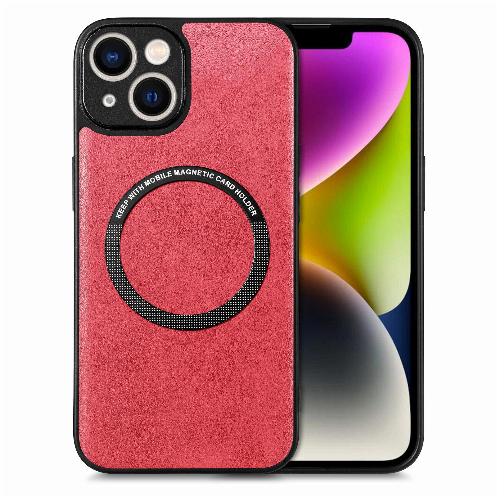

For iPhone 15 Plus Solid Color Phone Case PU Leather Coated PC+TPU Cover Compatible with MagSafe Red