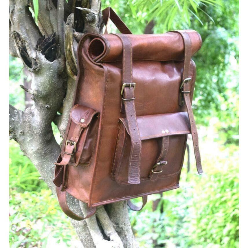 Vintage ekte geitskinn ryggsekk Ryggsekk Bagasje Vandring Camping reiseveske