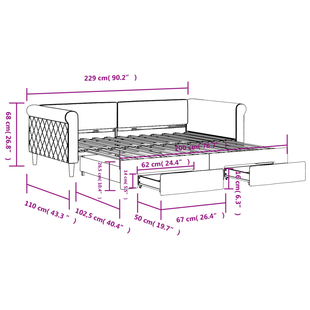 Extendable Daybed with Drawers Dark Grey 100 X 200 Cm Velvet