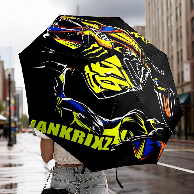 Rider Speeding Through Neon Light Automatic Folding Umbrella - 8-Rib Travel Umbrella with Auto Portable Case, Ideal Gift for Birthdays