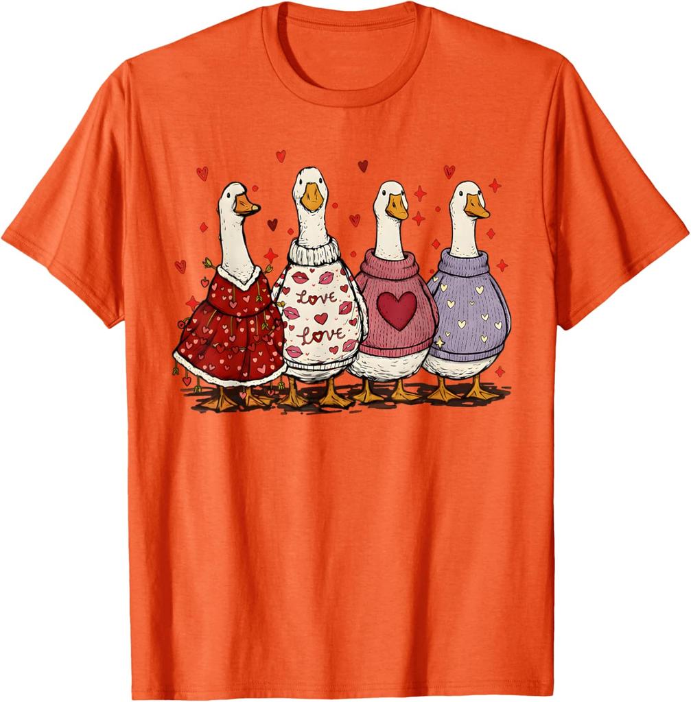 Cute Valentines Day Geese Ducks In Sweaters Graphic T-Shirt Casual Daily Wear