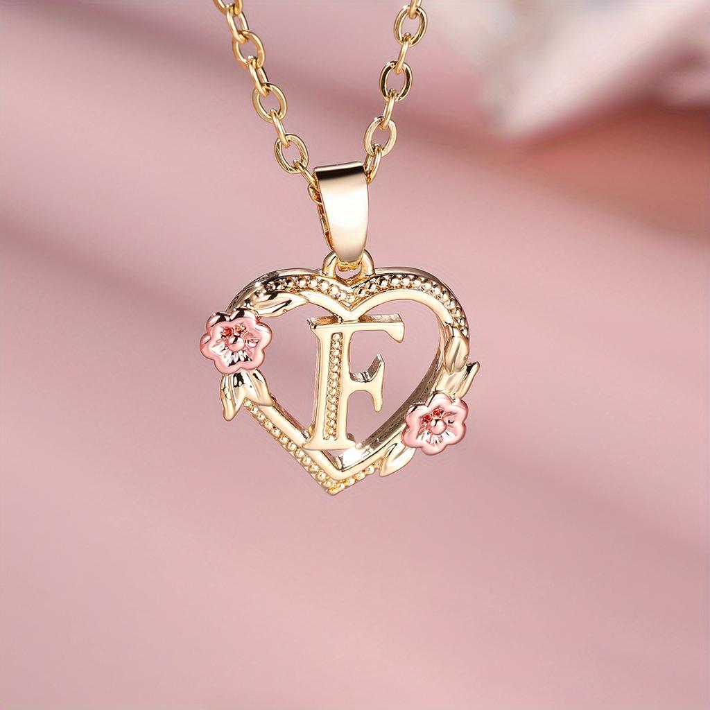 1 Pc Golden Color 26 English Letter Heart Necklace Rose Flower Pendant Wedding Band Jewelry Valentine's Day Gift