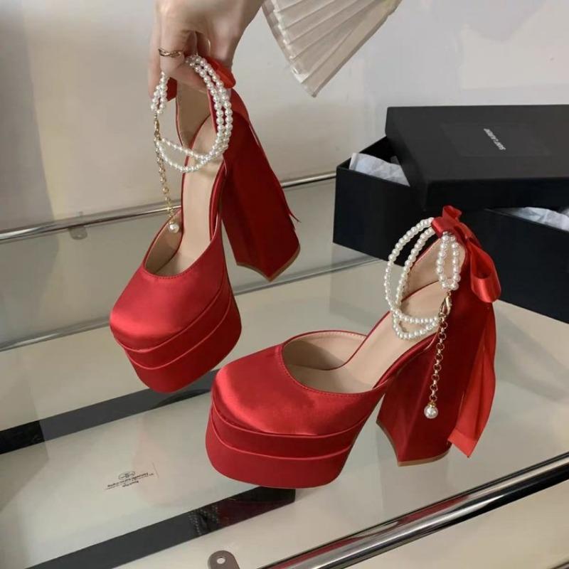 Fashion Women's Super High Heel Shoes Fall New Square Head Shallow Mouth Thick Sole Non-slip Pearl Chain Low Top Shoes