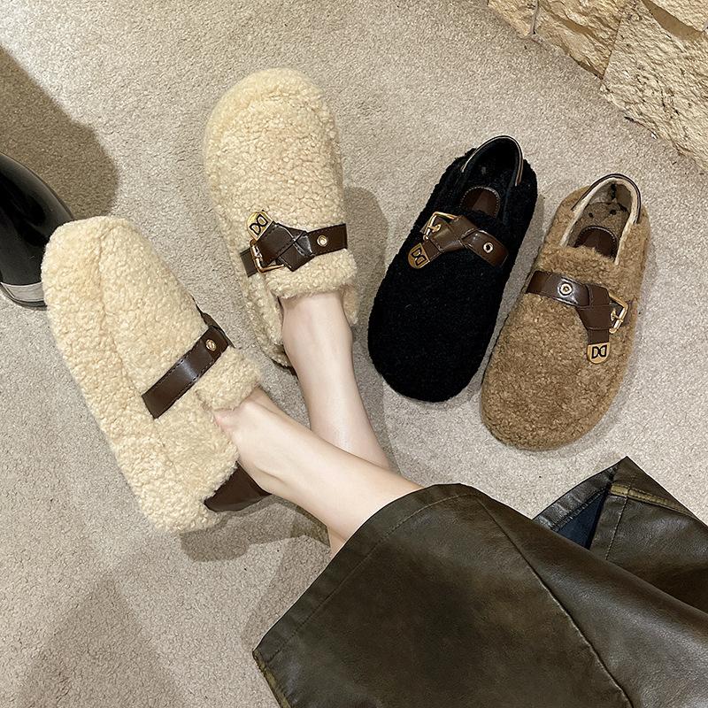 Winter 2025 new suede round head rubber artificial short plush bag heel plush cotton shoes women's cotton slippers thickened