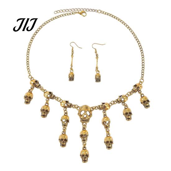 Alloy Necklace Set Halloween Skull Jewelry for Women, Tassel & Spooky Theme Dangle Earrings, Punk Gothic Accessories Costume Party Dark Aesthetic