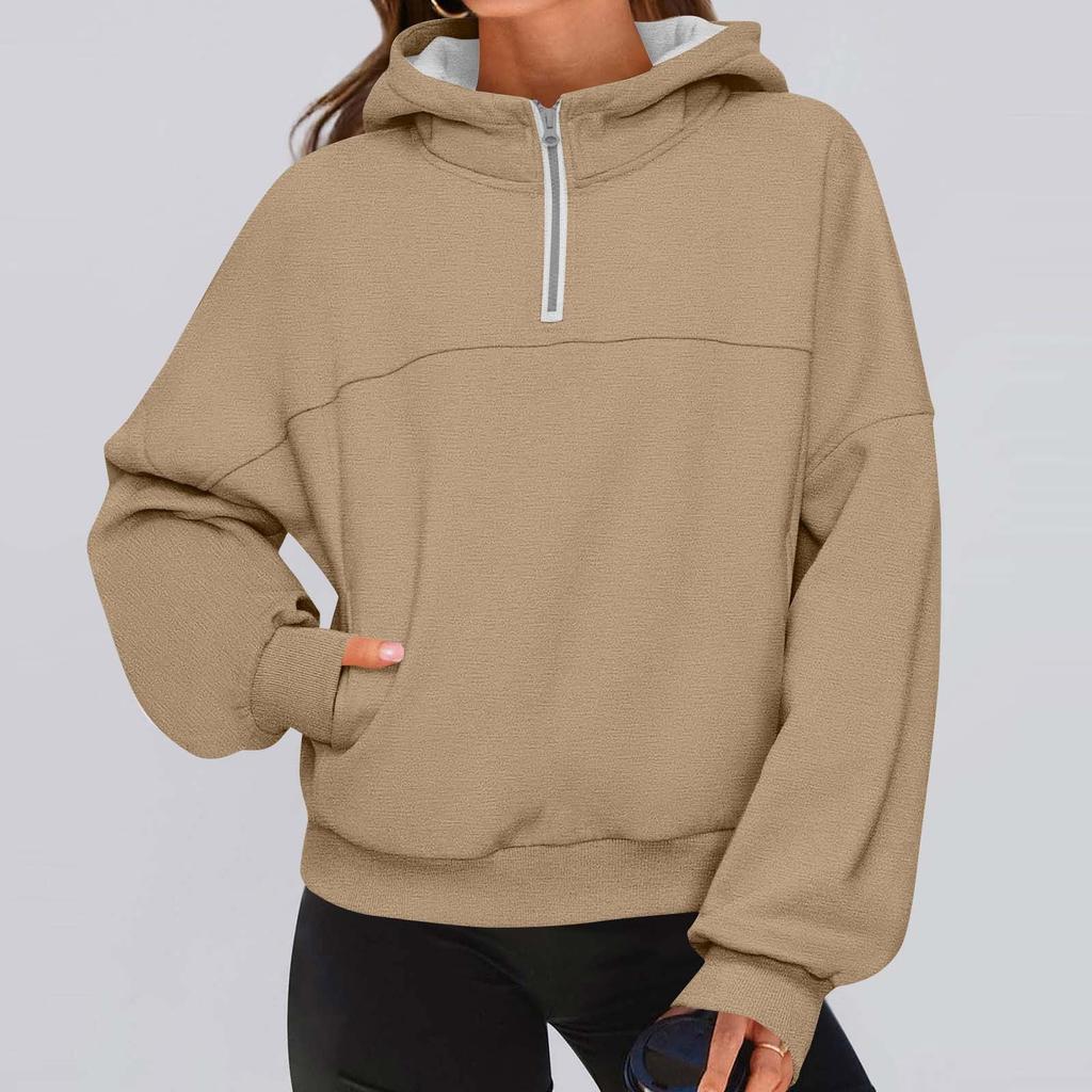 Women's Fashionable Solid Color Hooded Long Sleeved Sports Casual Pullover Sweatshirt Top