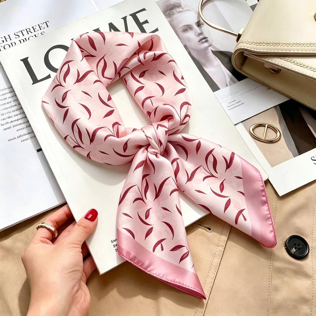 Commuter elegant flower silk scarf women's contrasting color retro printing satin scarf shirt with multi-purpose decorative small scarf