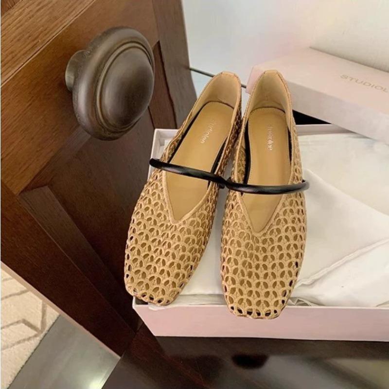 Новые дизайнерские плетеные туфли на плоской подошве из ткани женские летние туфли на плоской подошве с квадратным носком и вырезом туфли Мэри Джейн с ремнем на щиколотке плетеные сандалии 35 золотой 3028₽
