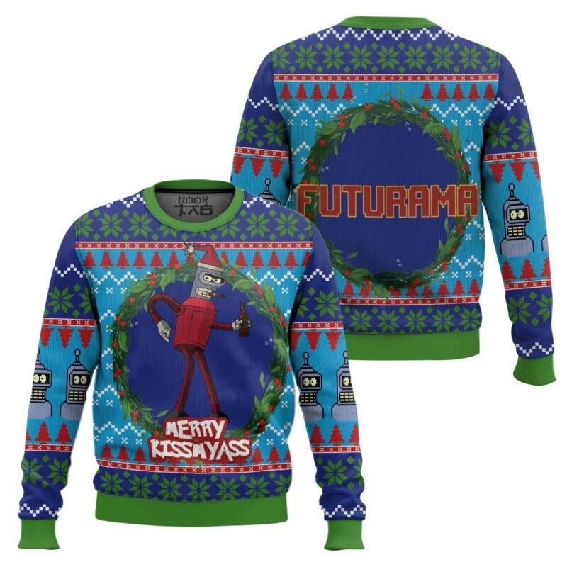 

Merry Kissmyass Futurama Ugly Christmas Sweater All Sizes Unisex T-Shirt XXL