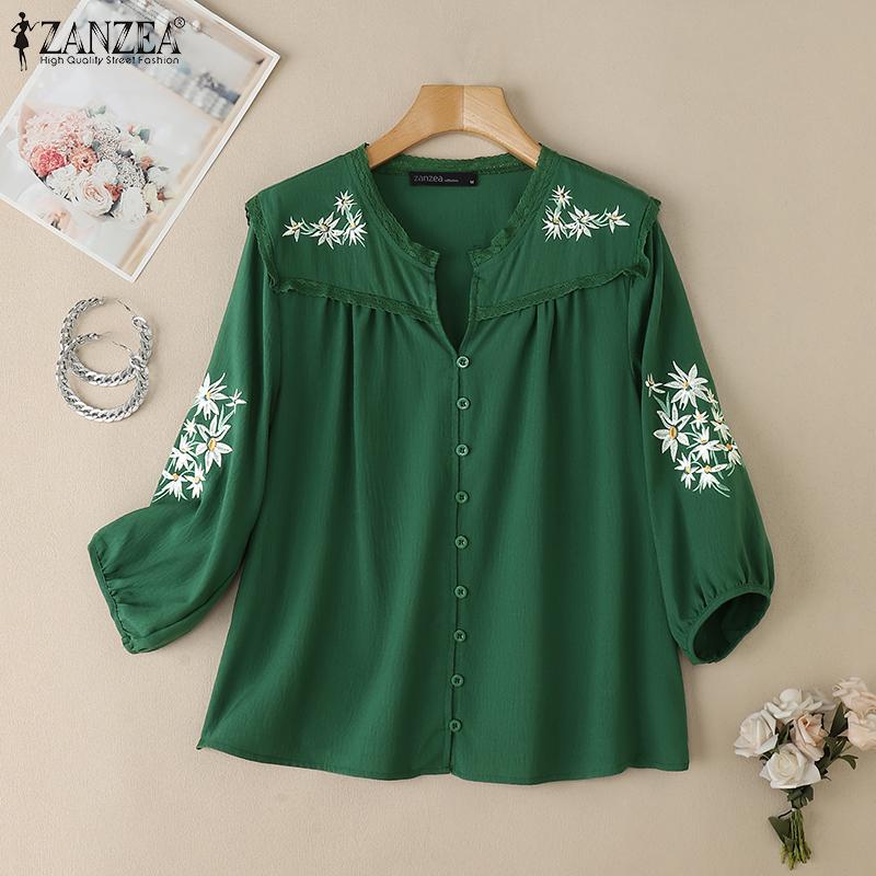 ZANZEA Lässige Bluse mit V-Ausschnitt und 3/4-Ärmeln für Damen
