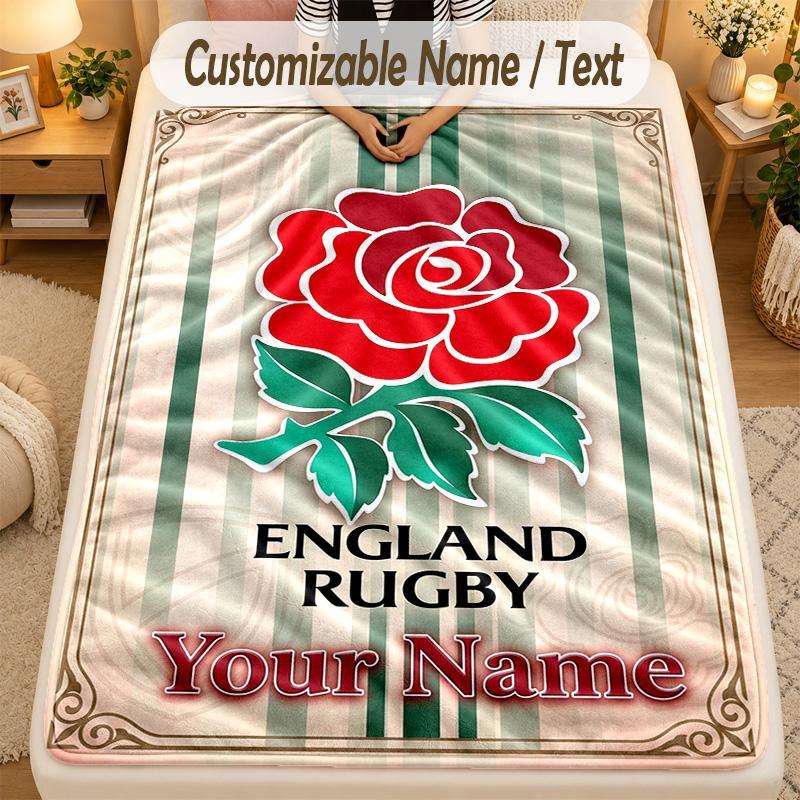 Flannel BlanketEngland Rugby Custom Name Text Personalized Soft Warm Throw Blanket Home Decor Gift
