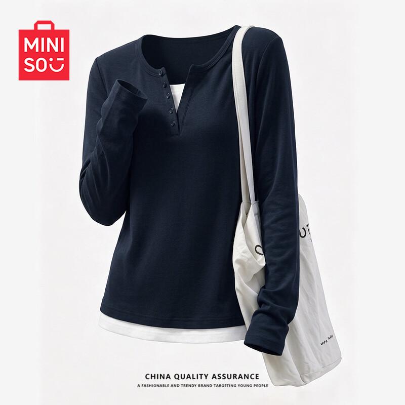 MINISO Women's Slim-Fit Long Sleeve Henley T-Shirt