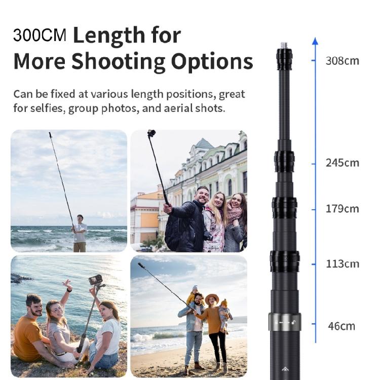 300cm Invisible Selfie Stick Carbon Fiber High Stability Extension Rod with 1/4 Screw Mount for Action Camera Use
