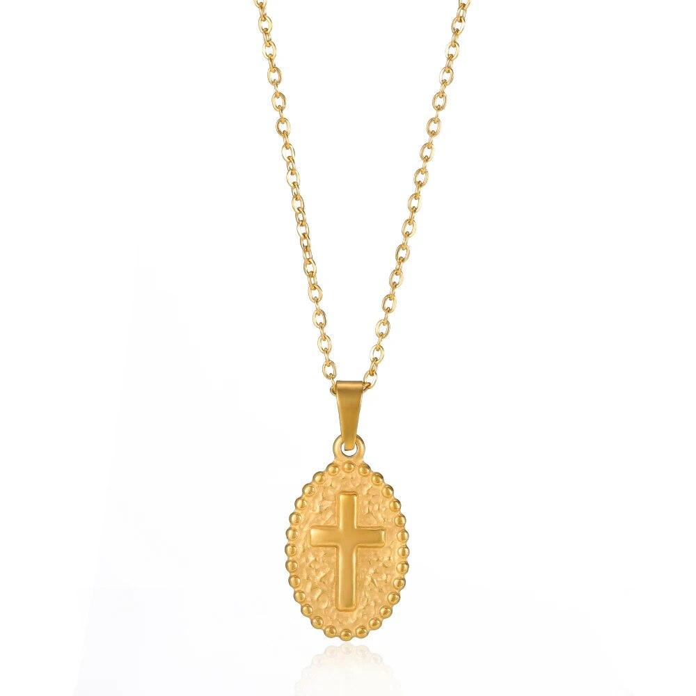 VIntage Christian Jesus Kreuz Halsketten Anhänger Für Frauen Edelstahl Runde Form Münze Halsketten Choker Gebet Taufe Geschenke