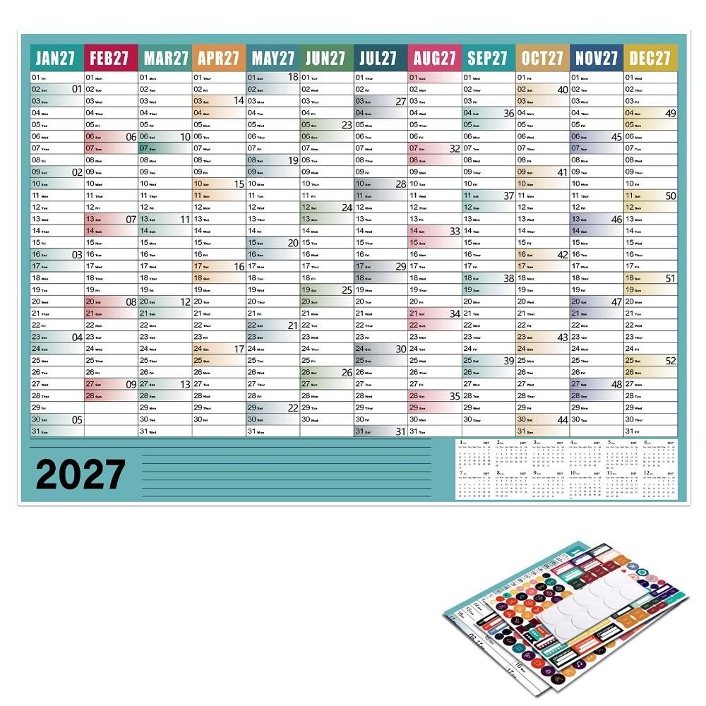 Layout Multicolore Planner Annuale 2027 Calendario Cartaceo Foglio Pianificatore Pianificazione Ufficio Domestico