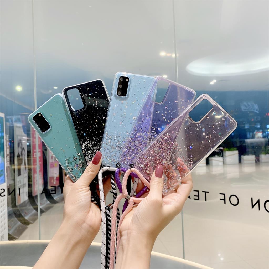 Puzdro s krúžkom na krk pre Samsung Galaxy S8 S9 S10 Plus Note 10 Lite A51 A71 5G A50 A70 A11 S20 Ultra Trblietavé Priehľadné Mäkké Kryt