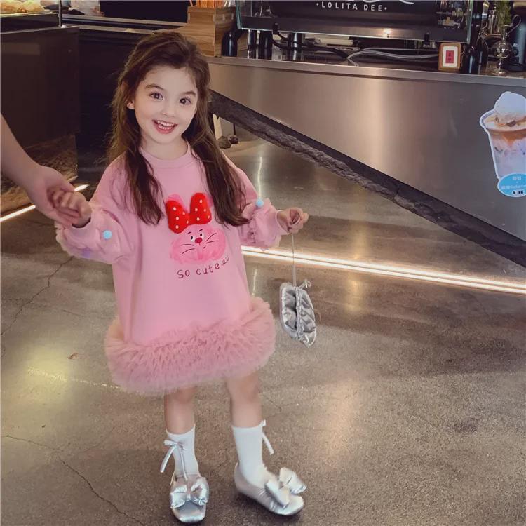 Autumn 2024 Casual Sweater Mesh Princess Dress for Little Girls