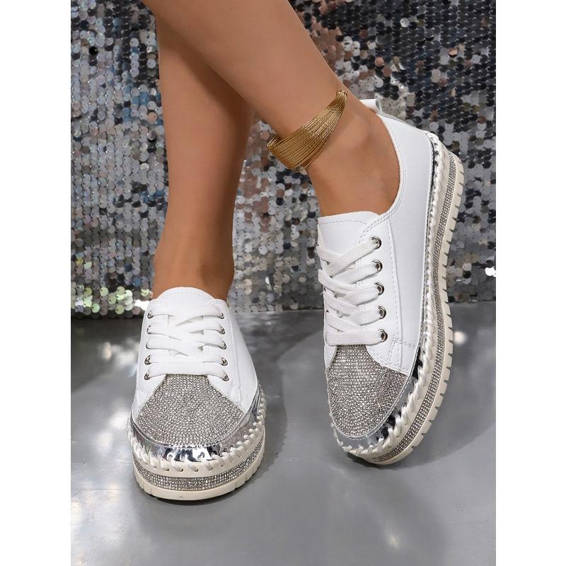 Women's Casual Shoes, Sizes 35-43 Flat-Soled, Diamond-Studded Lace-Up Sneakers Thick-Soled White Sneakers Women's Athletic Slip-Ons