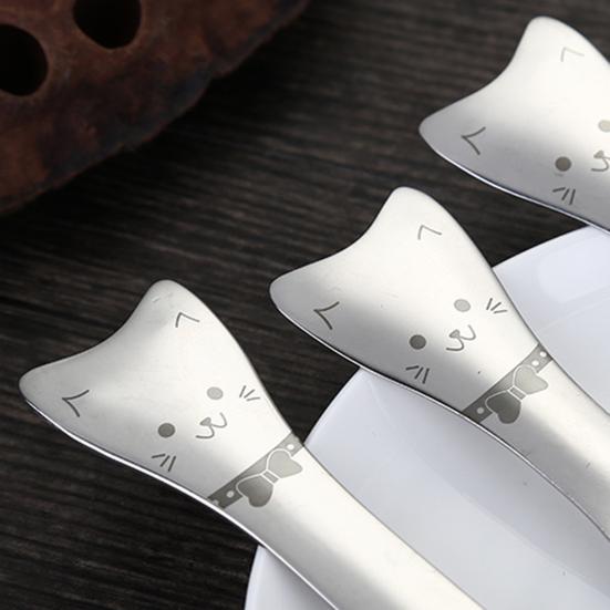 Desert Spoon Multi-function Easy to Grip Anti-slip Mini 304 Stainless Steel Cartoon Cat Shape Ice Cream Salad Coffee Spoon for Home