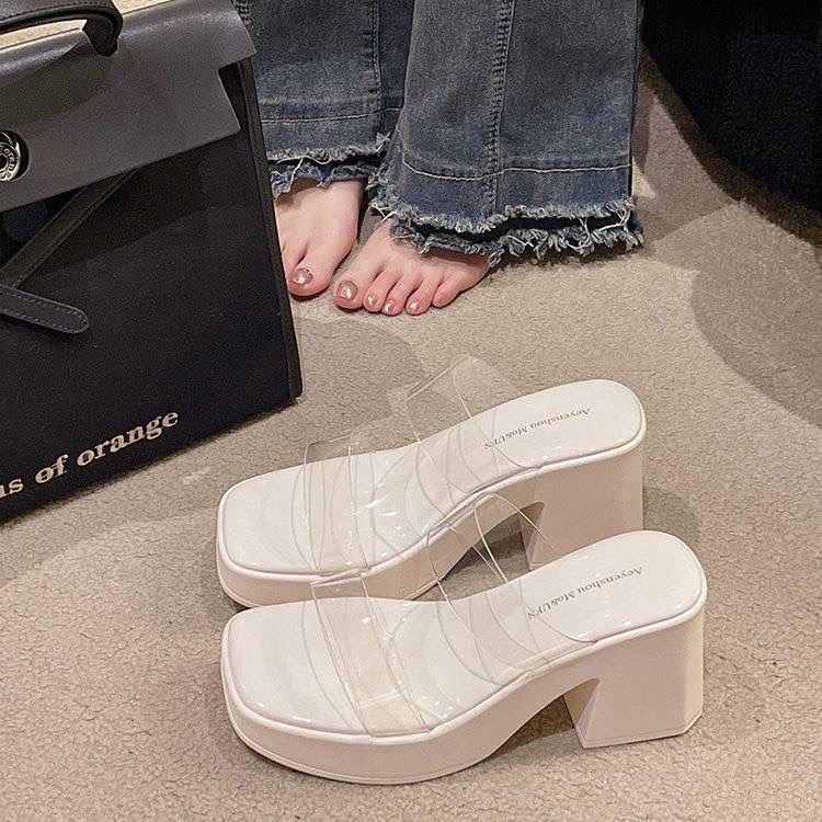 

Super fire thick-soled one-word drag, wearing high heels outside in summer, transparent belt, cool slippers tide 35 белый