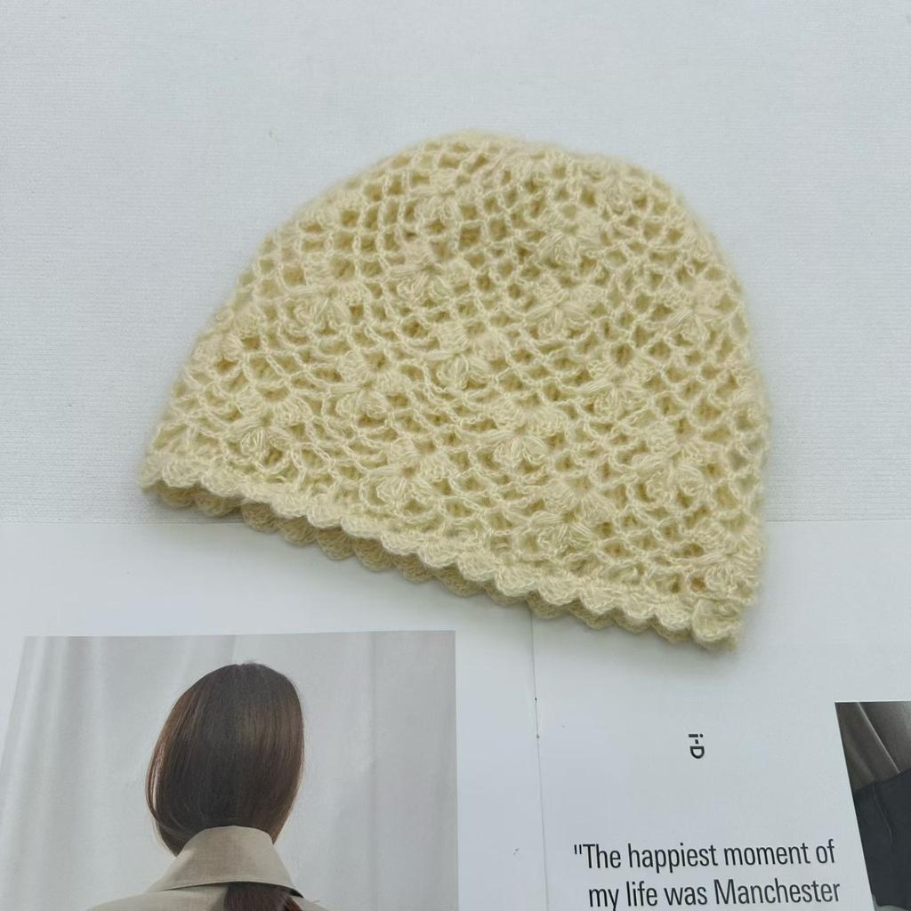 Double-layer handmade crochet hollow bag hat female elegant versatile knitted pullover hat autumn and winter breathable travel cold hat