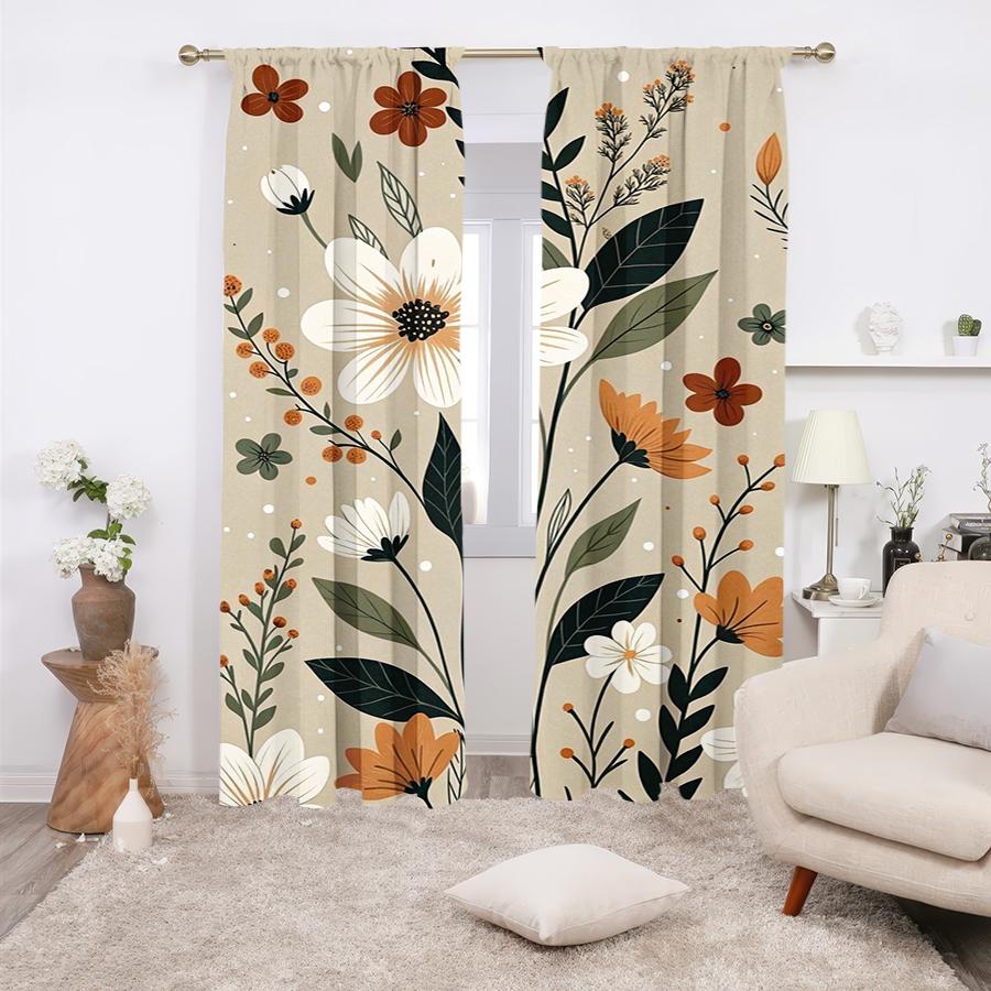 2PCS Multicolor Beige Orange White Floral Pattern Curtains Rod Pocket Design For Bedroom And Living Room