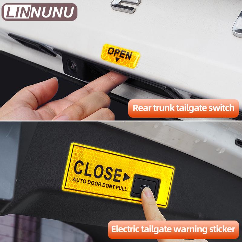 LINNUNU Car Stickers Electric Tailgate Warning Sticker Trunk Open Close Diamond Reflective Sticker Auto Interior Accessories