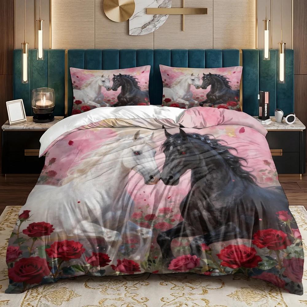 

3 Piece Set Black and White Couple Valentine s Day Print Quilt Set,Including 1 Duvet Cover and 2 Pillowcases(excluding Padding) 135cmx200cm