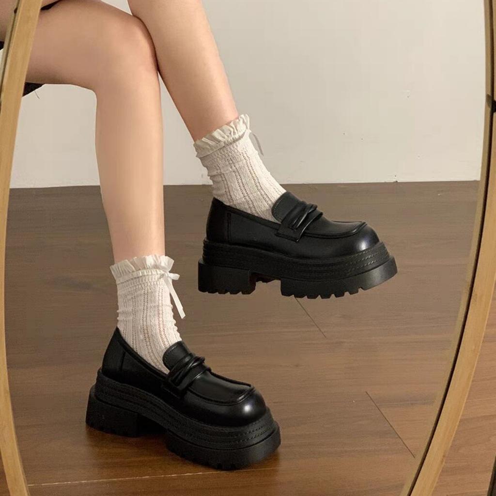 French Black Platform Heightening Loafers Women's 2025 Spring New Versatile One-pedal College Style Small Leather Shoes