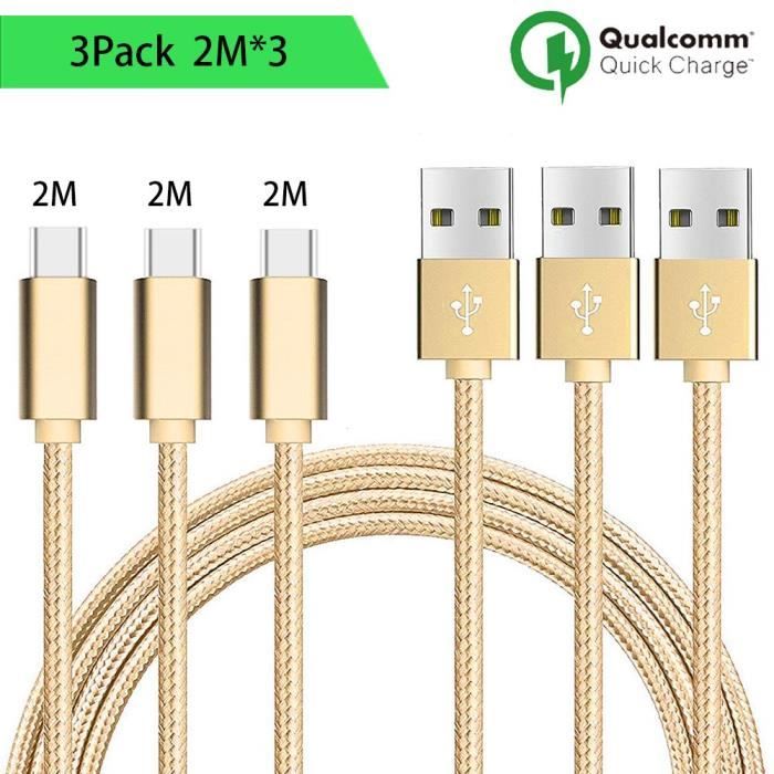 Câble USB Type C - Non spécifié - Lot de 3 - 2M - Nylon Doré - Compatible avec plusieurs smartphones