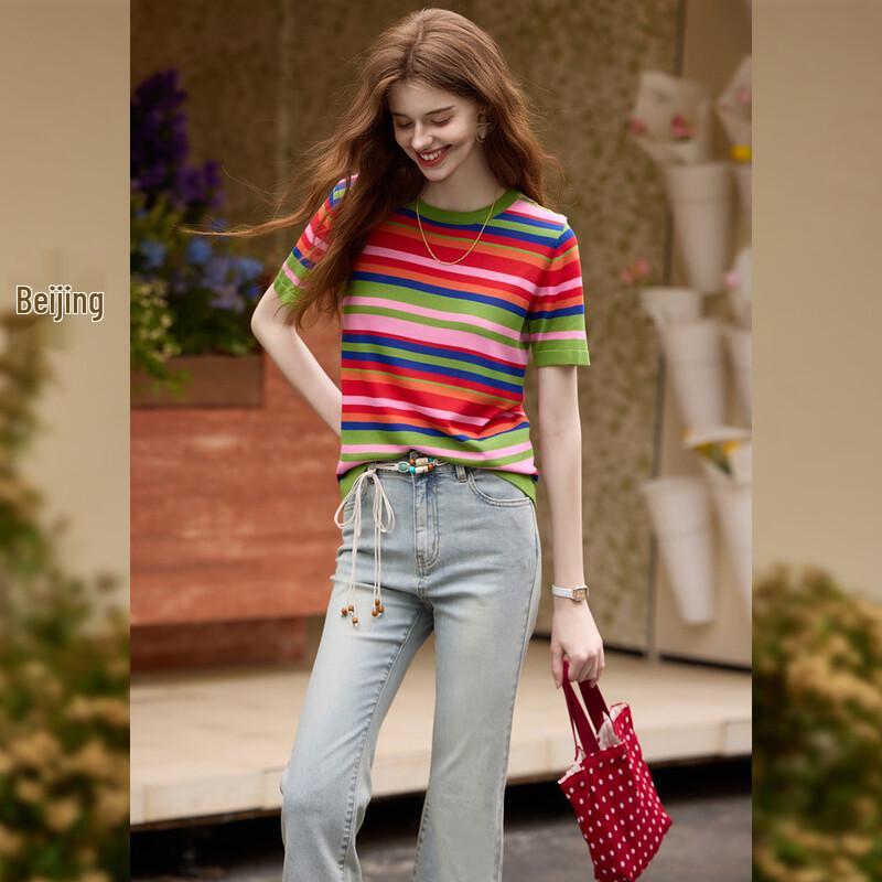 Women's Striped Color Block Knit Short-Sleeve Top