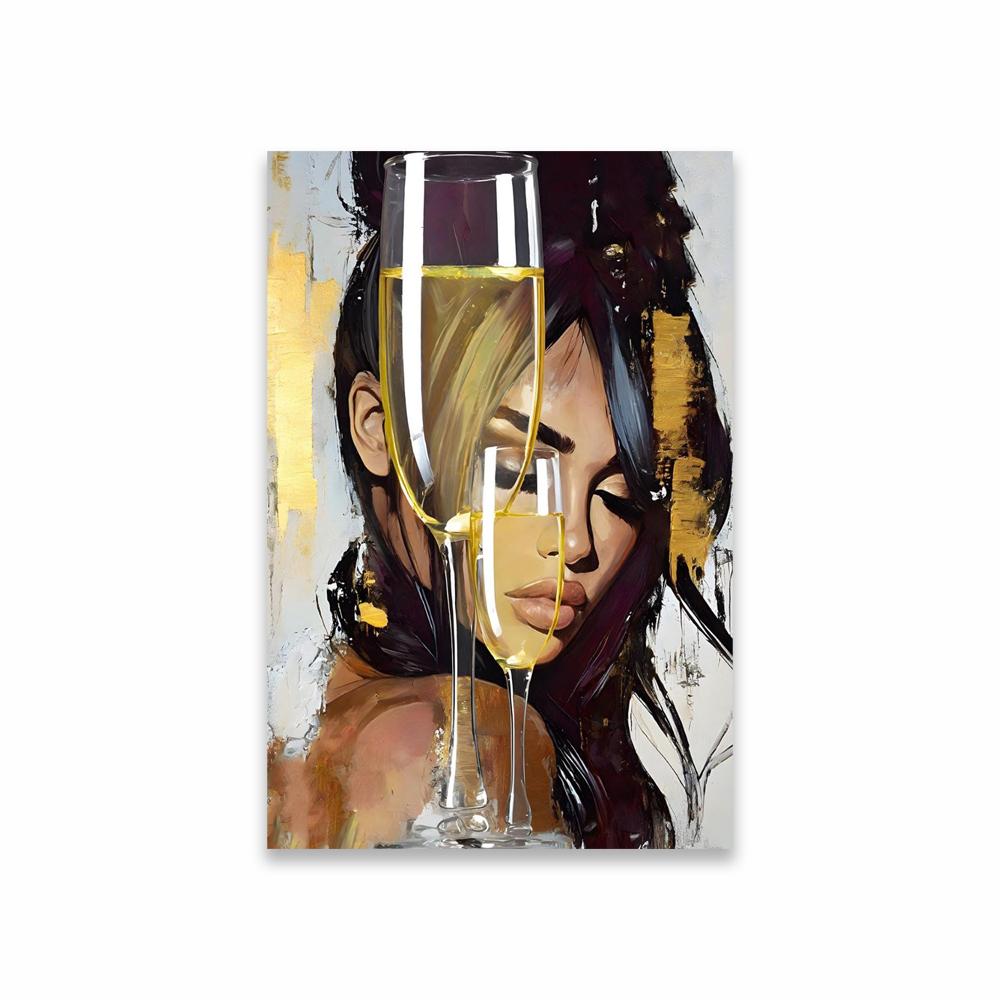 Fashion Portrait with Champagne Glass Wall Art Poster Blue Abstract Woman Wall Art Print Aesthetic Art Canvas Painting Decor