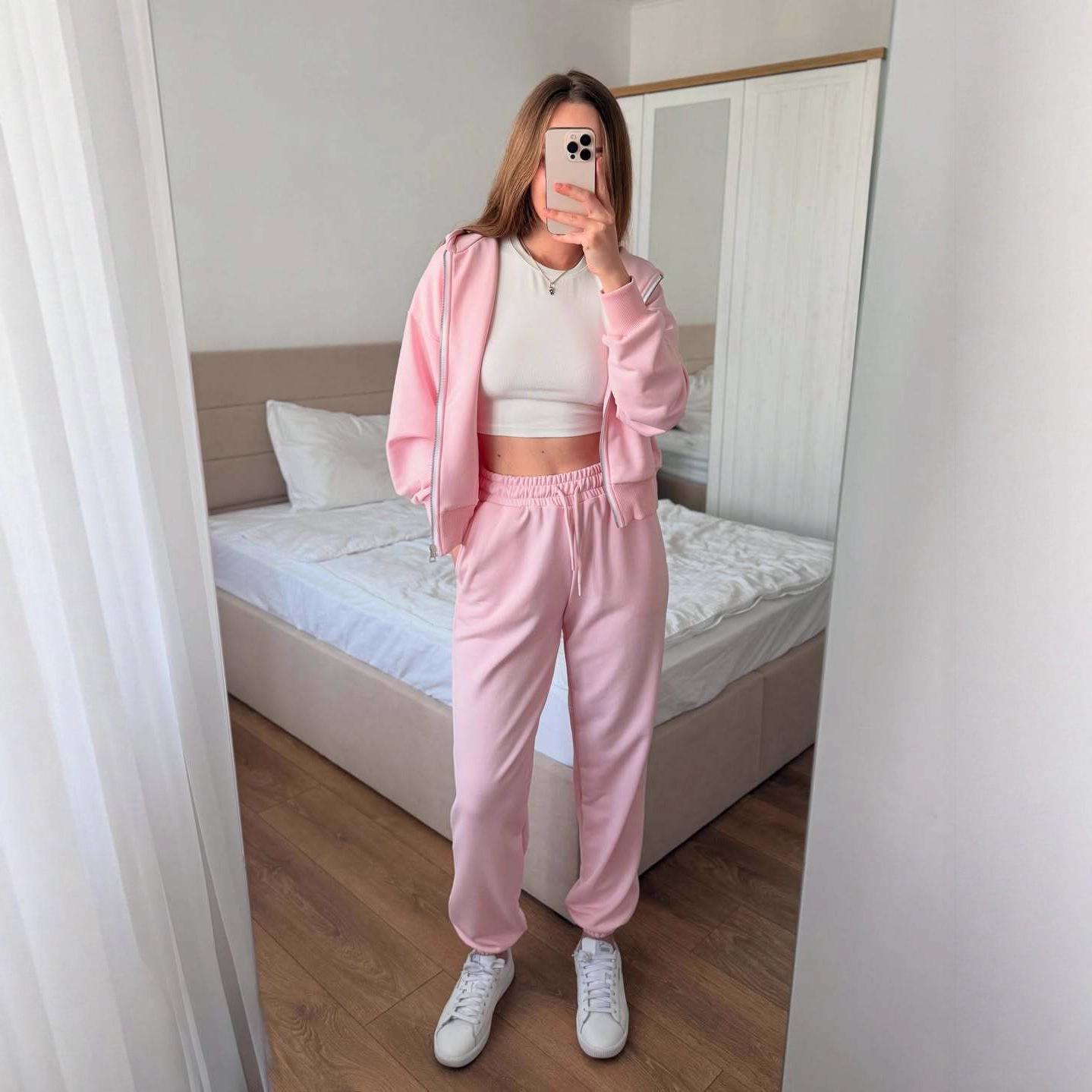 

2025 Осень Женский Комплект Безрукавный Жакет на Подкладке и Свободные Брюки - Европейский и Американский Спортивный Стиль XL розовый