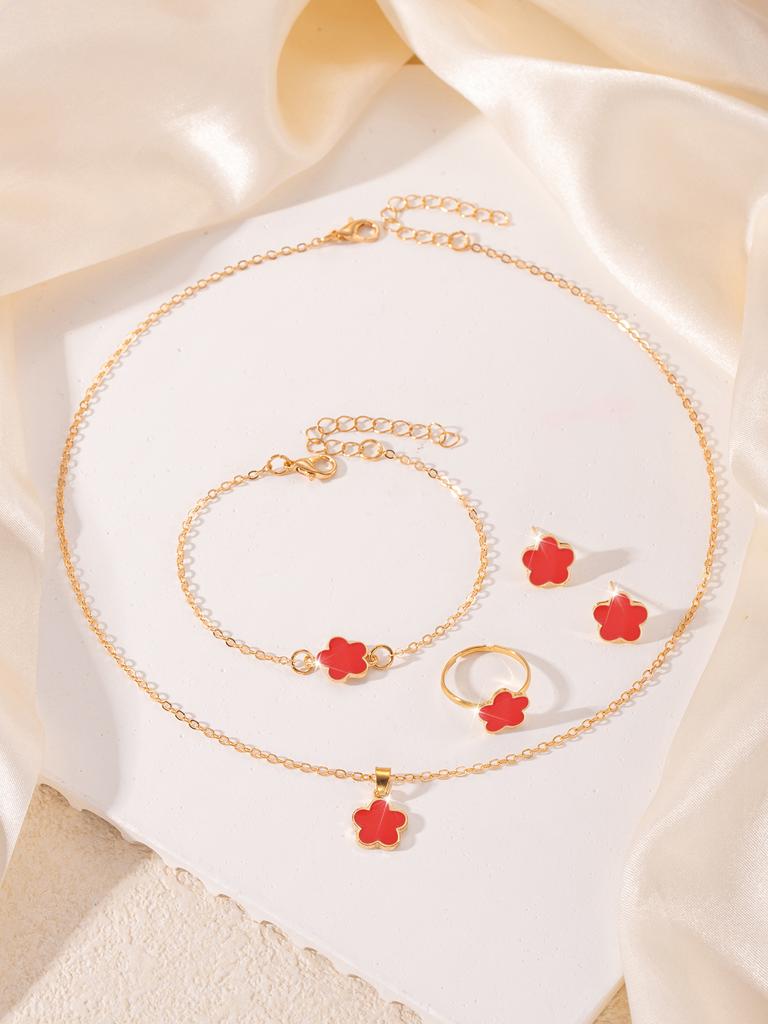 5pcs/set Lucky Five Petal Flower Zircon Set, Bracelet Necklace Earrings Zircon Set, Perfect For Giving Gifts