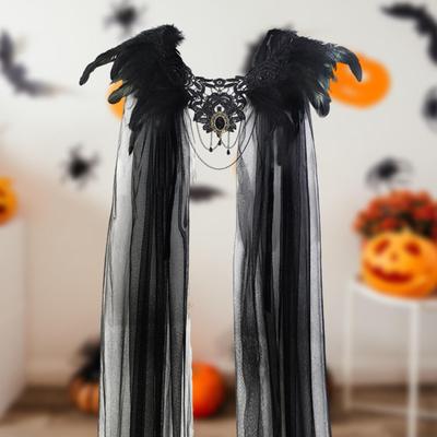 Halloween Black Cape with Feathered Collar for Cosplay, Burlesque 45cmx128cm Stage Costume Embellished Lace for Cosplay