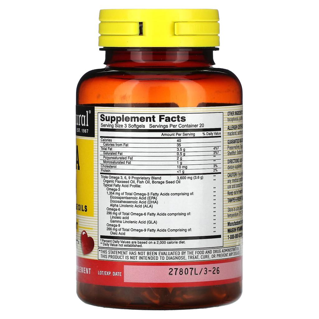 Omega 3-6-9, Fisch-, Lein- & Borretschöl, 60 Weichkapseln