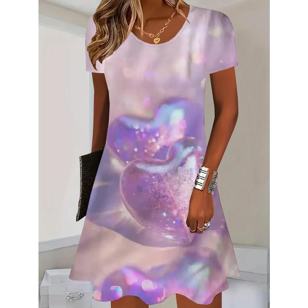 Summer Round Neck Short Sleeved Dress Colorful Heart-shaped Water Droplet Print Fashionable Comfortable Breathable Vacation Casual Women's Mini Dress