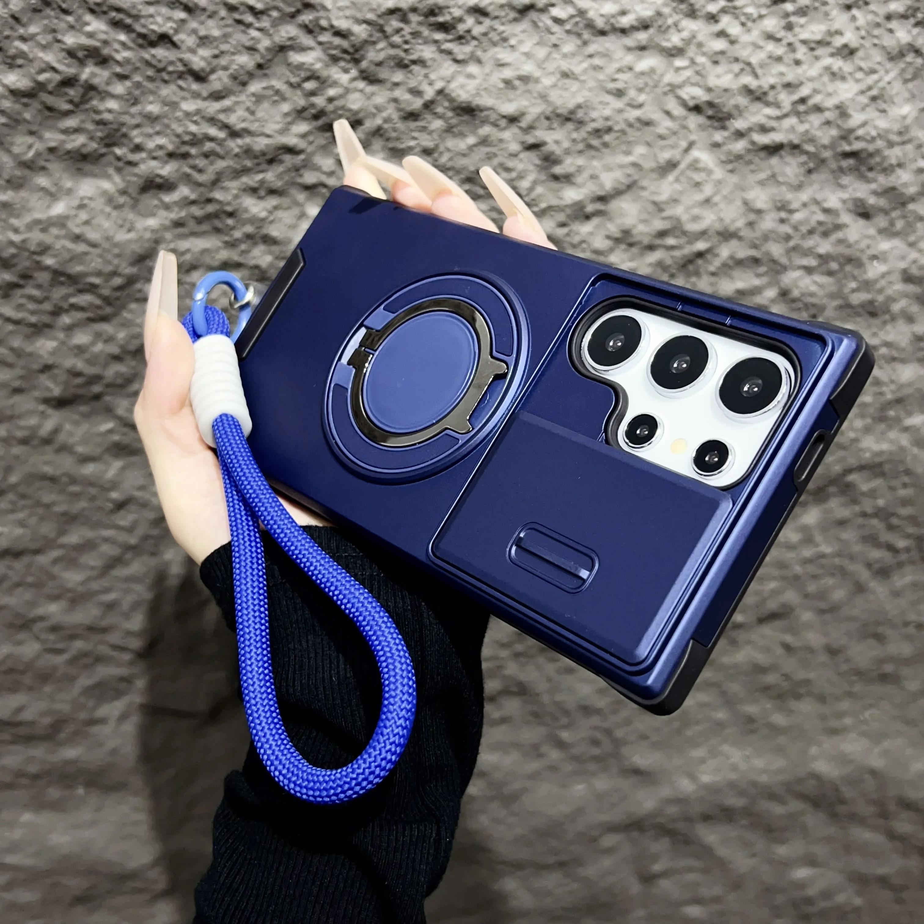 

Armor Case For Samsung Galaxy A16 A06 A55 A35 A15 A54 A14 A23 A13 A04S S24 FE With Lanyard Ring Stand Slide Camera Protect Cover For Galaxy A16&Case & Strap синій