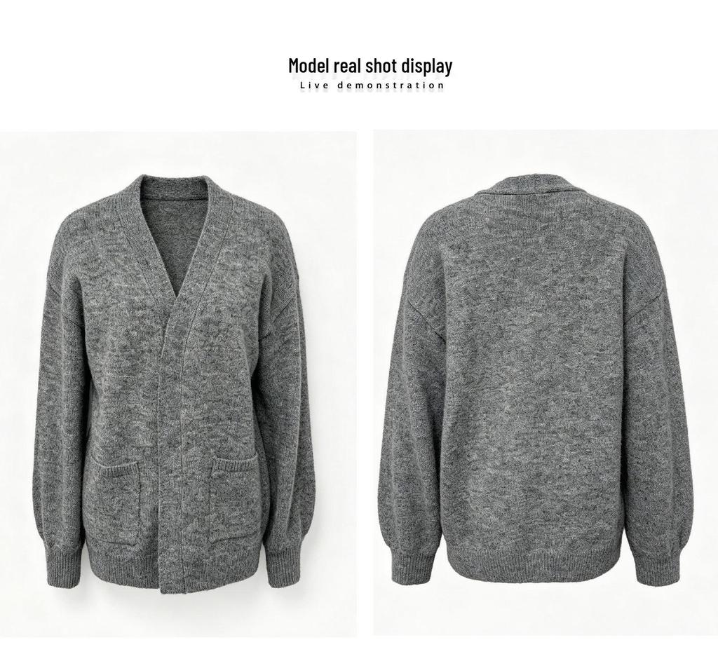 Women's Gray Knit Cardigan - Loose Fit, Long Sleeve, Solid Color, Versatile Winter Sweater