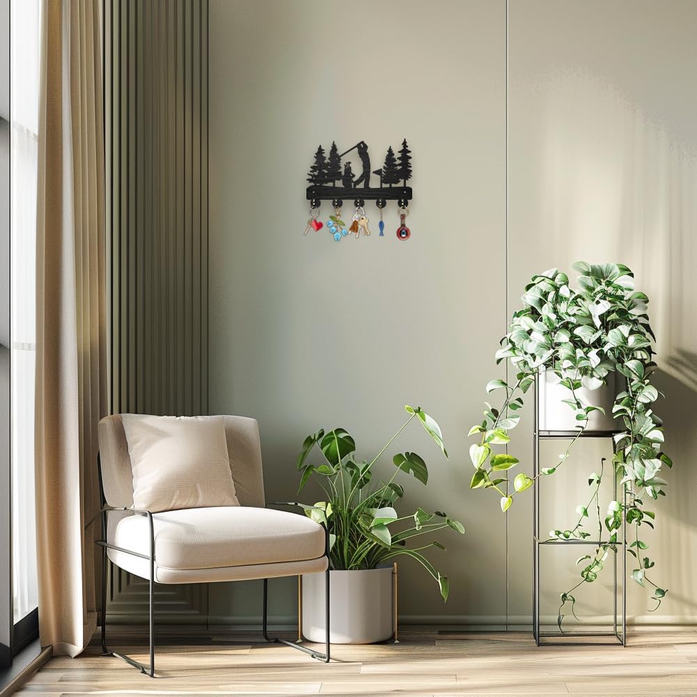 MAYJOYDIY Golf Coat Racks Wall Mounted Wood Golf Clubs Tree Key Hangers for Wall 11.8×7.9inch Black Key Holder 5 Alloy Hooks Home Decor Gifts