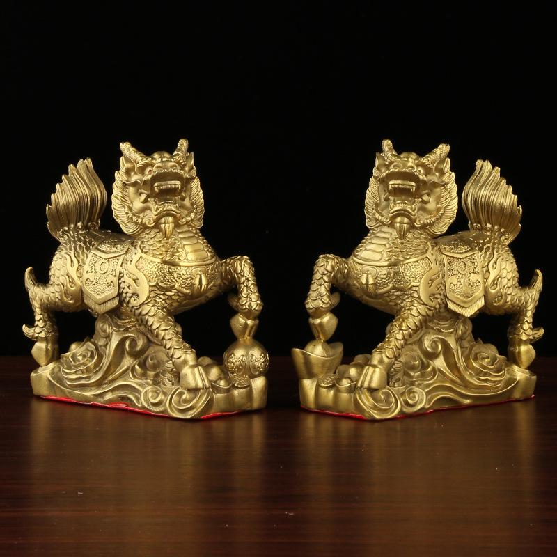 Figurines Brass Cloud Kirin Pair Wholesale Decorations for Living Room Office Shop Display Bronze Crafts