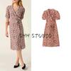 Autumn New Product Women Clothes French Style Design Pure Desire Style V-neck Bubble Short Sleeve Waist Hugging Lace-up Long Dress