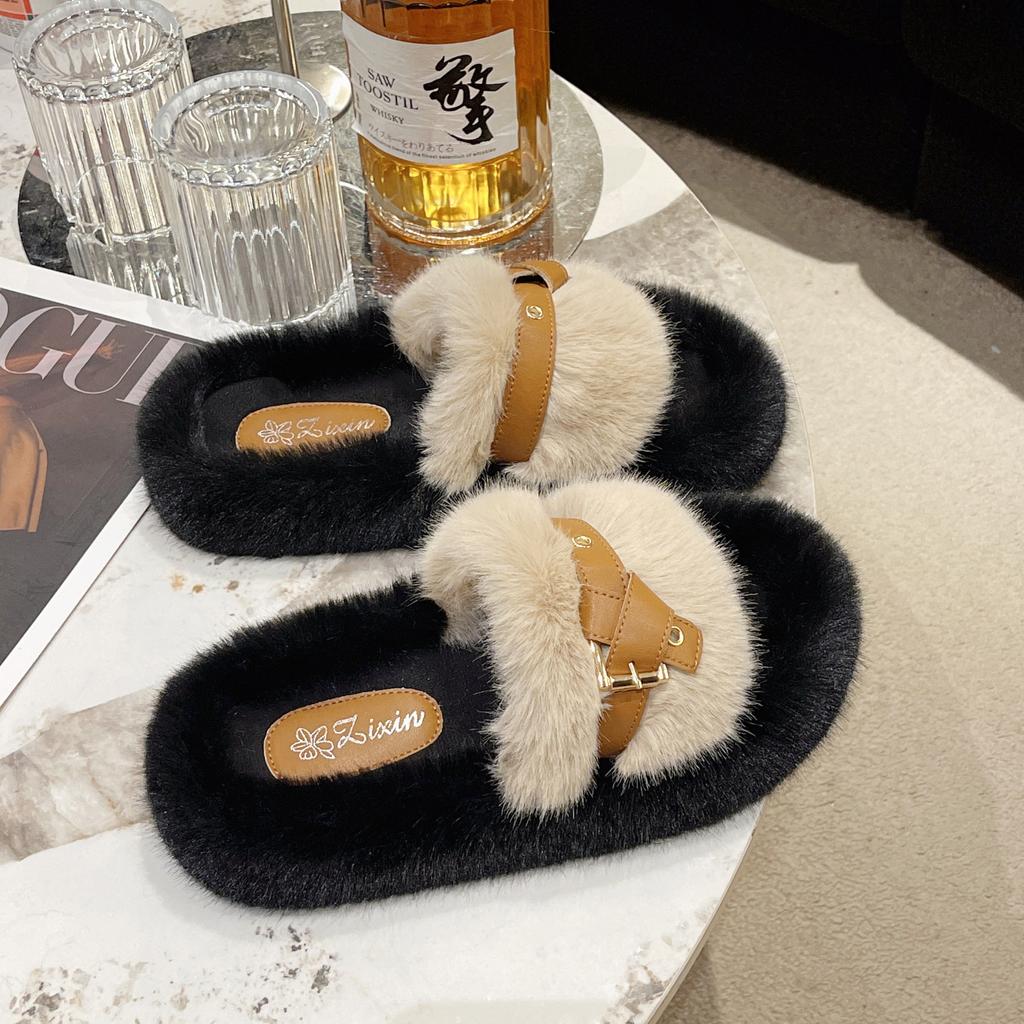 New women's fluffy slippers autumn and winter outer wear fashion casual shoes drag platform versatile women's shoes trendy outer wear girls