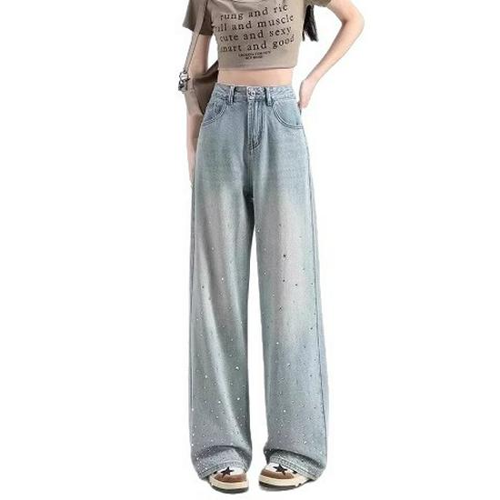 Spring & Autumn 2025 Women's High-Waisted Light Wide-Leg Jeans: Trendy Versatile Slimming Straight-Leg with Hot Drill Design.