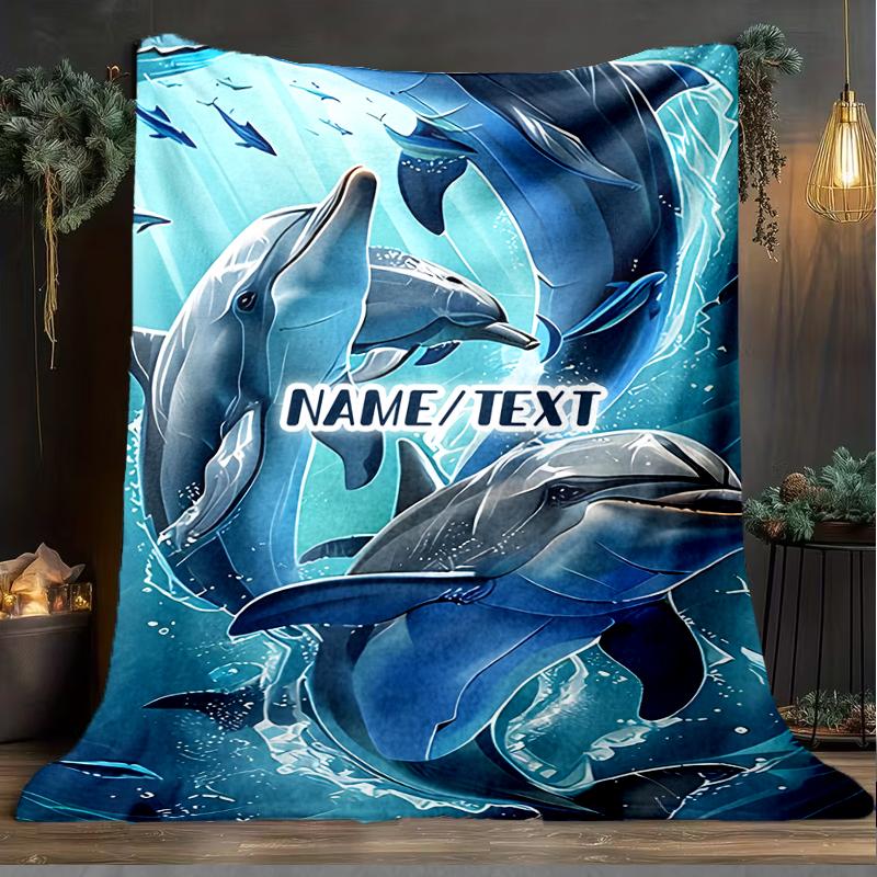 1PC Custom Name Ocean Dolphins Adventure Outdooor Flannel Blankets Throw Blanket All-Season Throw Gift Bedspread for Couch, Bed, Camping Holiday Birth