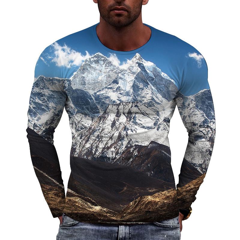 Snowy Mountain Pattern Men's T-shirts Scenery 3D Printed T-shirts Summer Casual Long Sleeves O-Neck Loose Tops