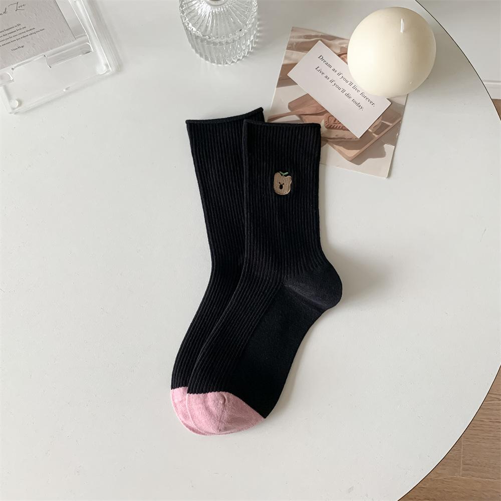 Dongdaemun Women'S Socks Double Needle Cartoon Expression Smiley Face Animal Embroidery Women'S Cotton Socks Medium Tube Socks Stacking Socks