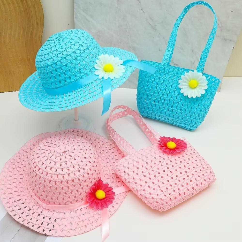 2Pcs/Set Flower Design Children Beach Hats Set Wide Brim Straw Wide Hat  Kids Summer Holiday